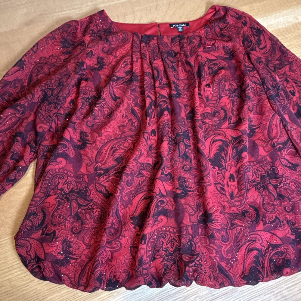 Roz & Ali Blouse Shirt Top Women Plus Size 2X Red Black Paisley Rhinestone